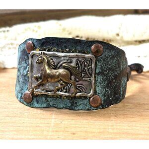 Handcrafted Western Cuff Bracelet Cantering Horse Design & Adjustable Leather St